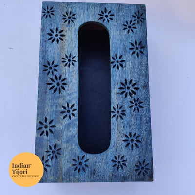 Daisy Wood Carved Tissue Box (Blue)