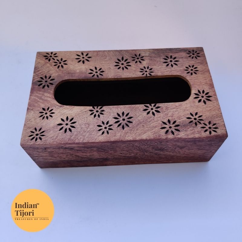 Daisy Wood Carved Tissue Box (Brown)