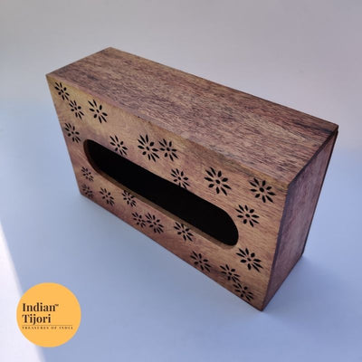 Daisy Wood Carved Tissue Box (Brown)