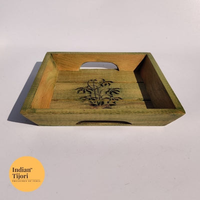 Mughal Wood Carved Tray (Green 8 by 8 inch)