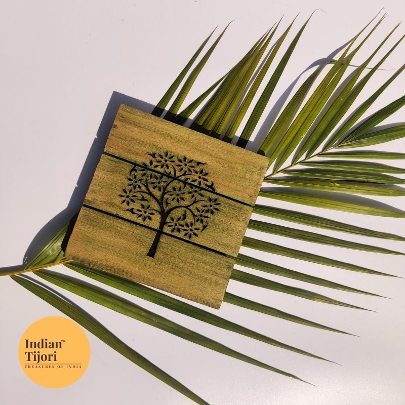 Tree of Life Wood Carved Trivet/Coasters (Green)