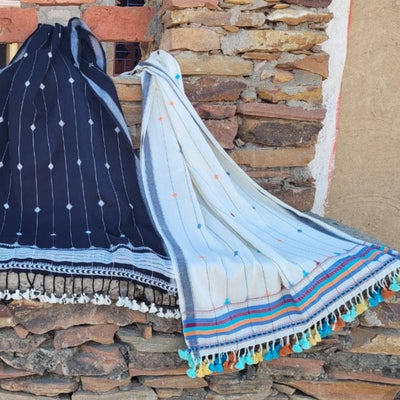 The Classic Panchka Kutch Stole (White & Blue)