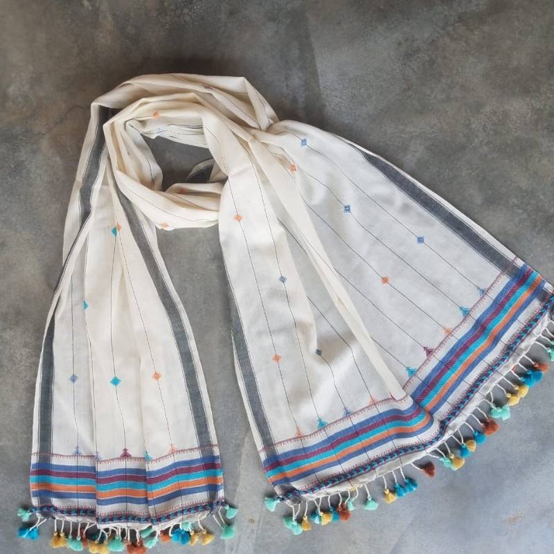 The Classic Panchka Kutch Stole (White & Blue)