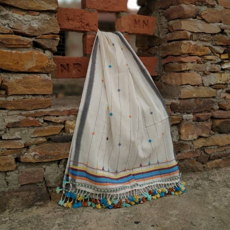 The Classic Panchka Kutch Stole (White & Blue)