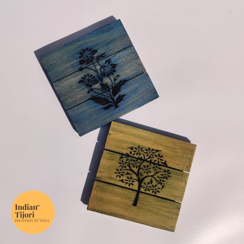 Tree of Life Wood Carved Trivet/Coasters (Green)