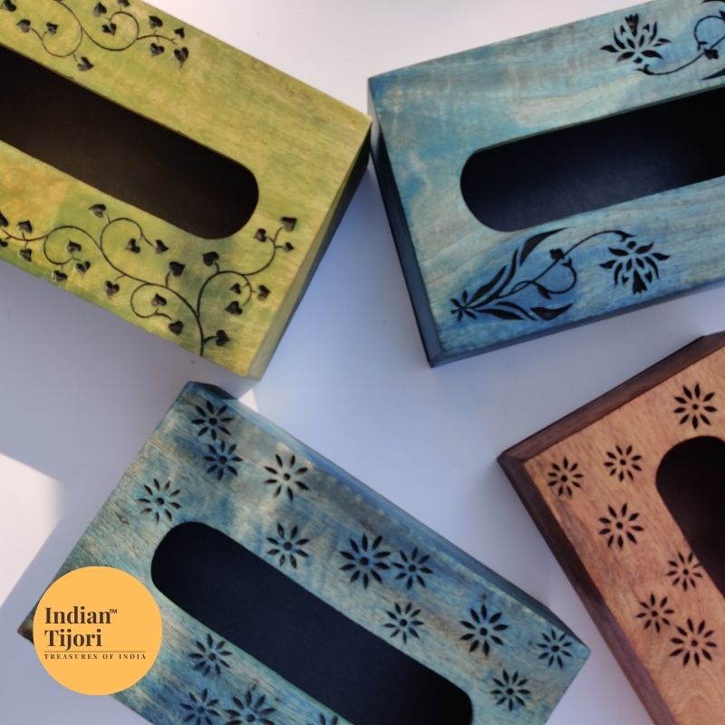 Akhira Wood Carved Tissue Box (Blue)