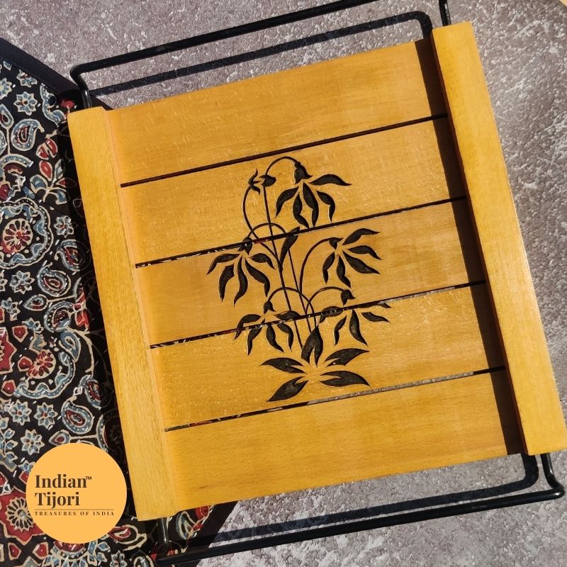 Mughal Wood Carved Tray (Yellow)